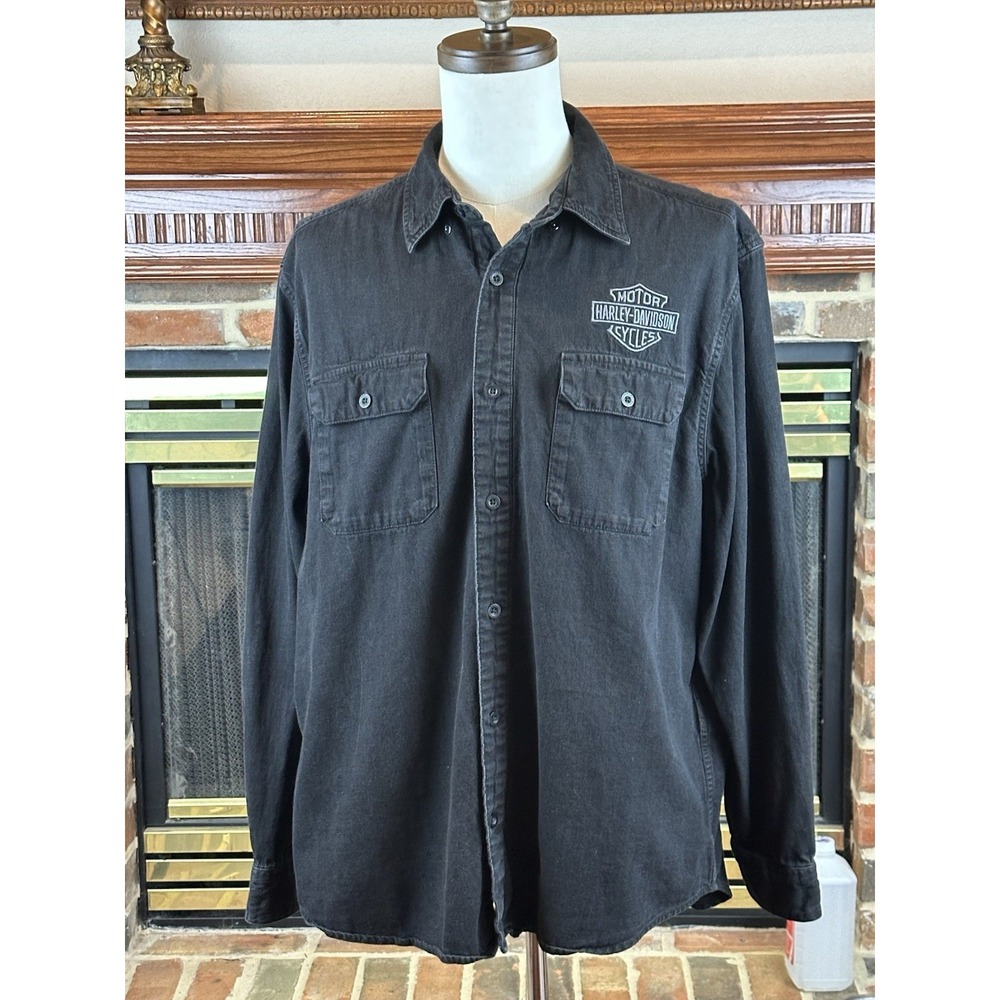 Harley Davidson Button Down Shirt Mens XL Black Long Sleeve Embroidered Graphic